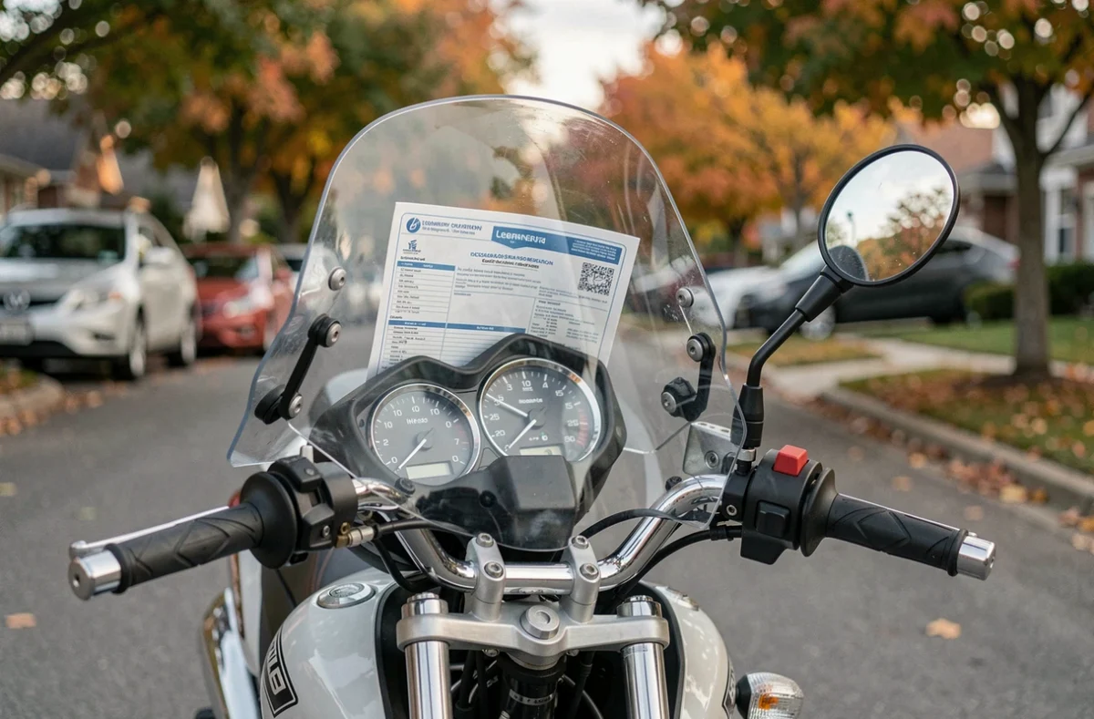 Détail du guidon et tableau de bord d'une moto 125 cm3 avec certificat d'assurance visible