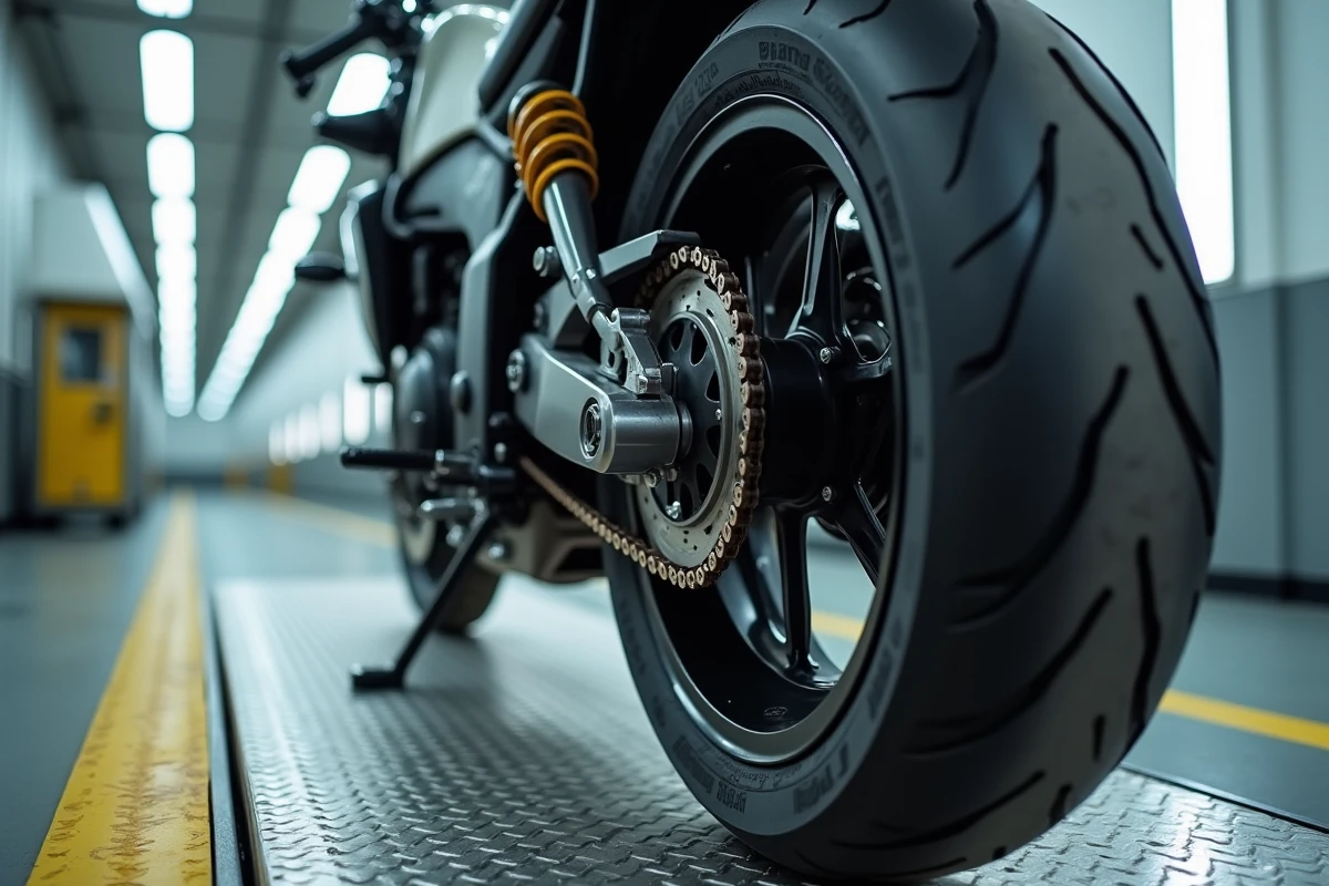 Détail de la roue arrière d'une moto sur rampe de contrôle technique officielle