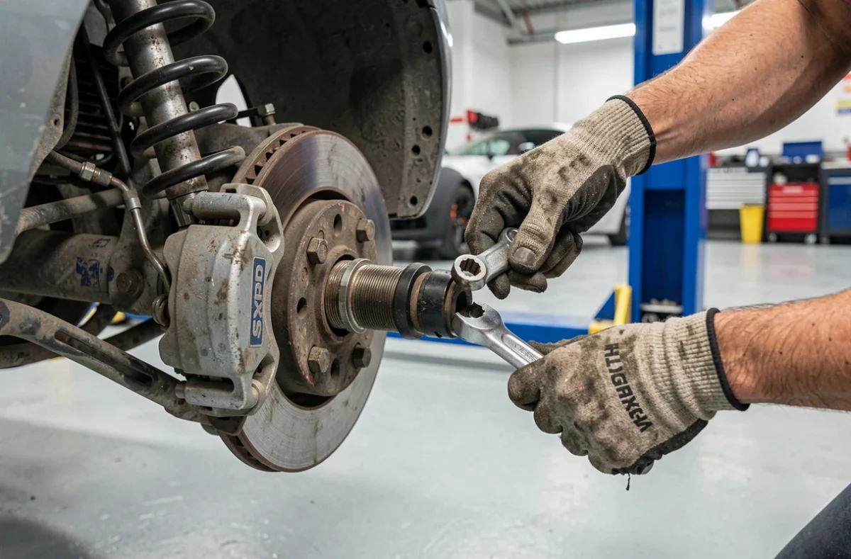 Détail de la suspension et du frein d'un Saxo Kit Car en cours de réglage sur un pont élévateur en atelier de compétition