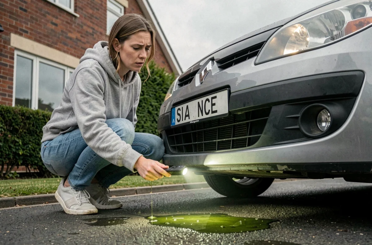 Femme détectant une fuite de liquide de refroidissement sous une Renault Megane 3 garée dans une allée résidentielle