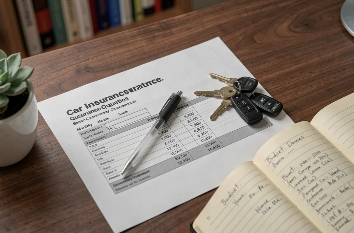 Vue aérienne d'un bureau avec un devis d'assurance auto, des clés de voiture et des calculs de budget mensuel manuscrits