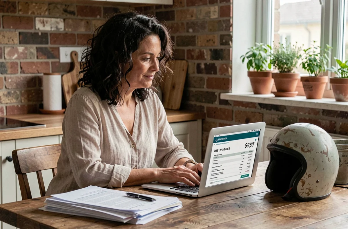 Femme remplissant un formulaire de devis d'assurance en ligne pour moto de collection depuis son domicile avec un casque vintage posé sur la table
