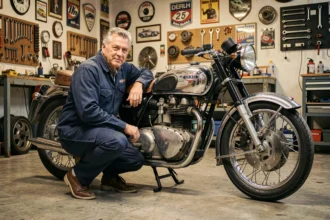 Propriétaire d'une moto de collection vintage années 1960 dans un garage privé, inspectant son véhicule avant d'obtenir un devis d'assurance
