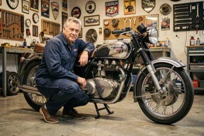 Propriétaire d'une moto de collection vintage années 1960 dans un garage privé, inspectant son véhicule avant d'obtenir un devis d'assurance