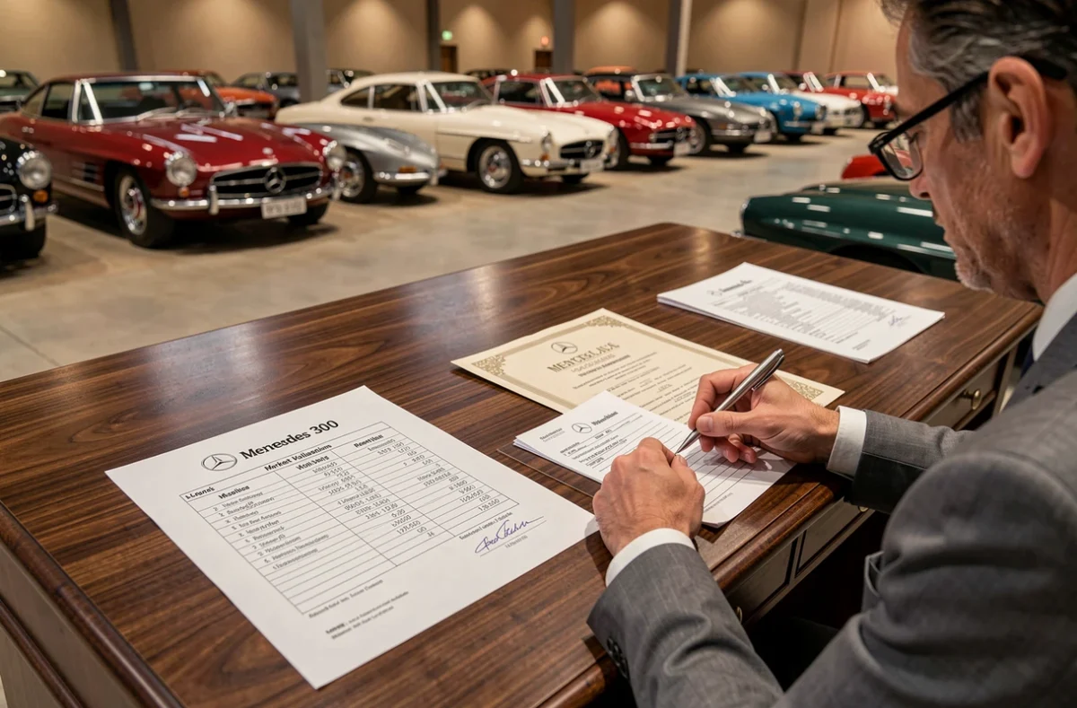 Documents d'estimation de prix d'une Mercedes 300 SL posés sur une table en bois dans une salle des ventes aux enchères