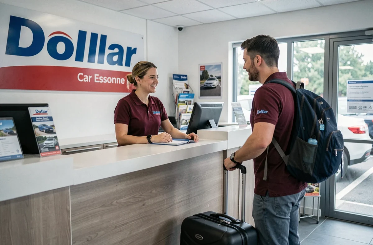 Agente Dollar Essonne assistant un voyageur avec ses bagages au comptoir de location