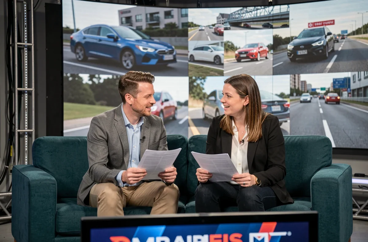 Duo de présentateurs de l'émission Turbo M6 en répétition sur le plateau de tournage de l'émission automobile