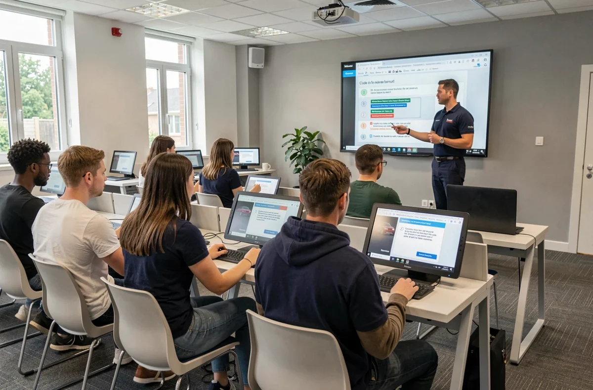 Candidats en formation code de la route sur des bornes interactives dans une salle de cours de l'ECF Rennes