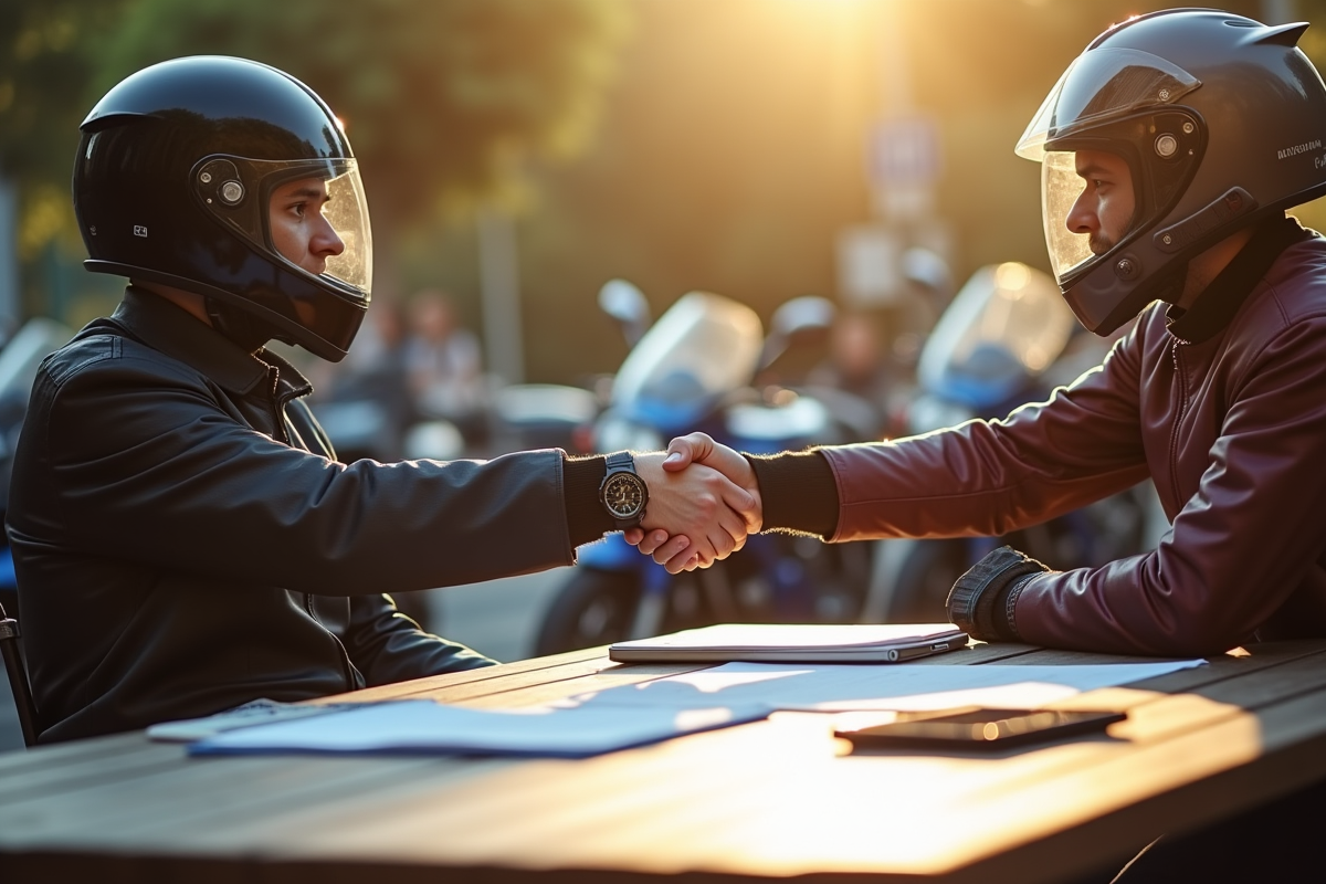 Deux motards échangeant contrats devant un café en plein air