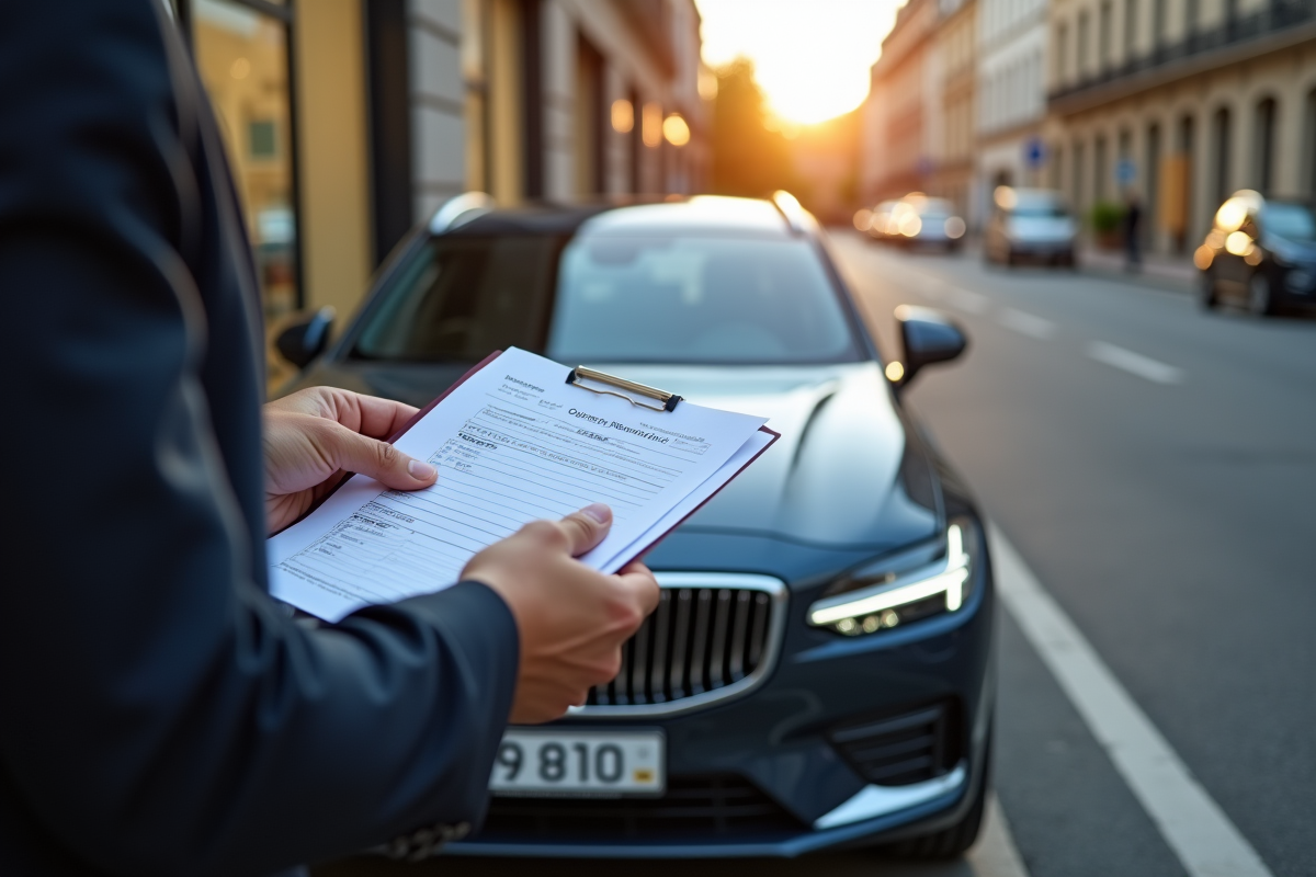 Main échangeant documents de voiture devant un bâtiment officiel français