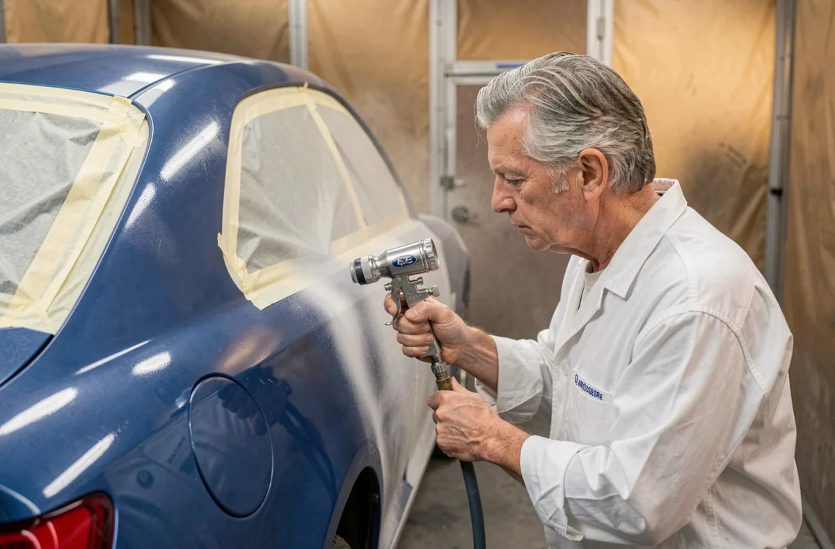 Carrossier d'Elve Carrosserie Meister appliquant de la peinture au pistolet sur un véhicule bleu métallisé dans une cabine de peinture professionnelle