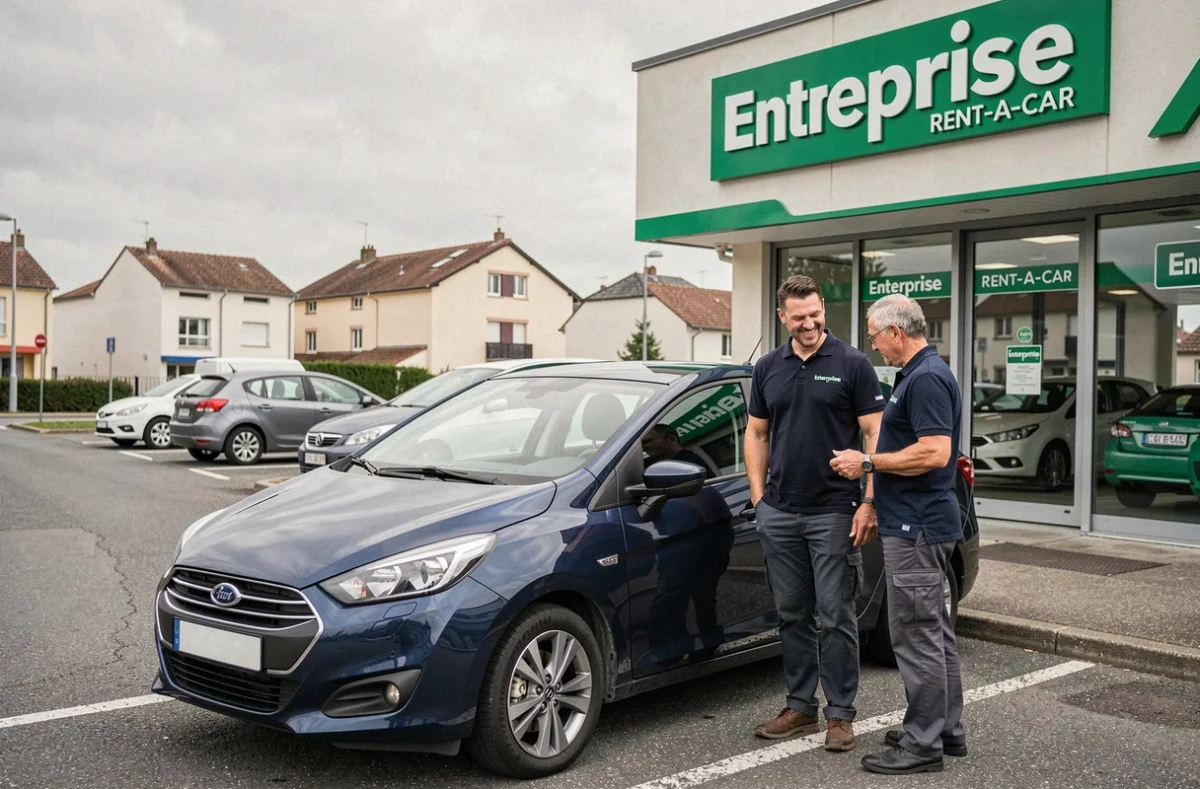 Agent Enterprise à Corbeil-Essonnes présentant un véhicule de location à un client