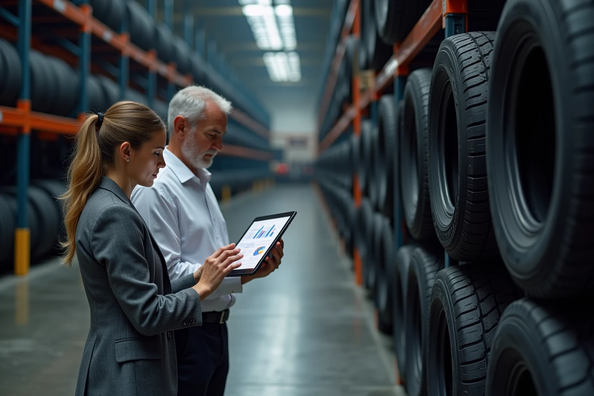 Deux professionnels B2B discutant des conditions tarifaires pneus dans un centre de distribution Maxityre