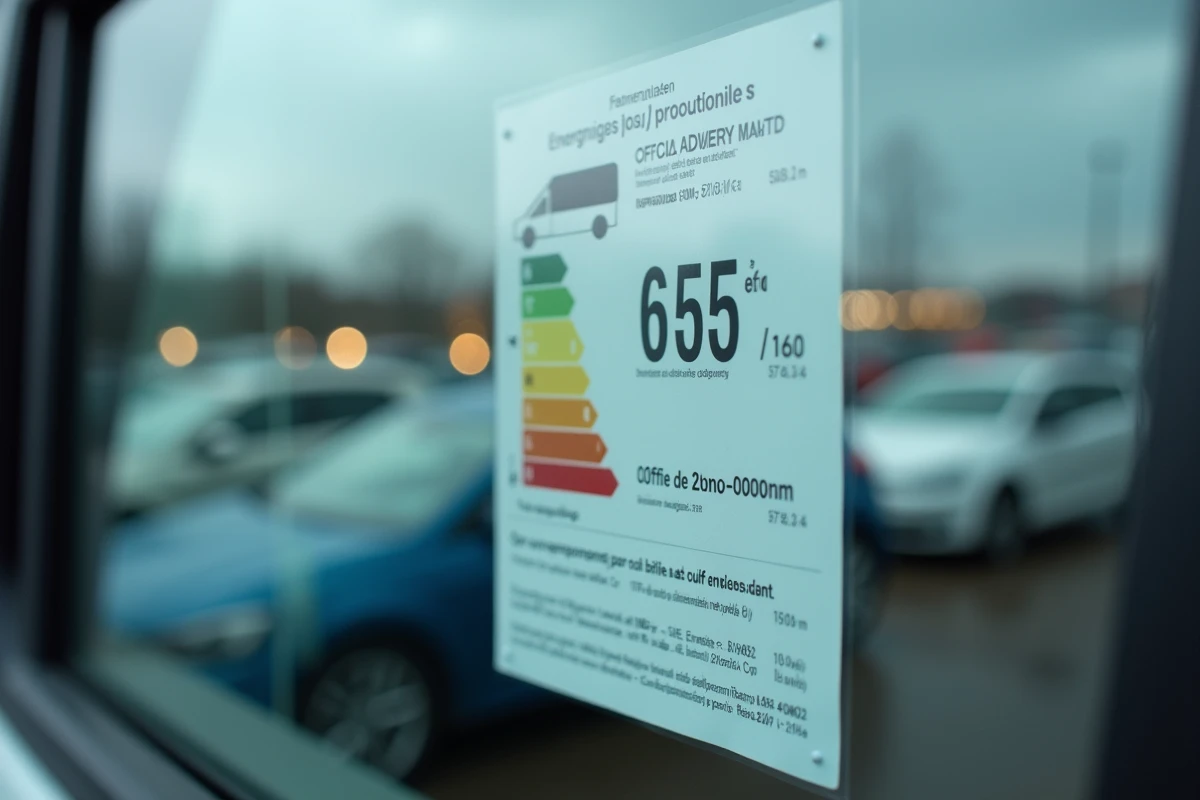 Étiquette officielle de consommation et fiche de malus écologique sur la vitre d'une voiture hybride chez un concessionnaire