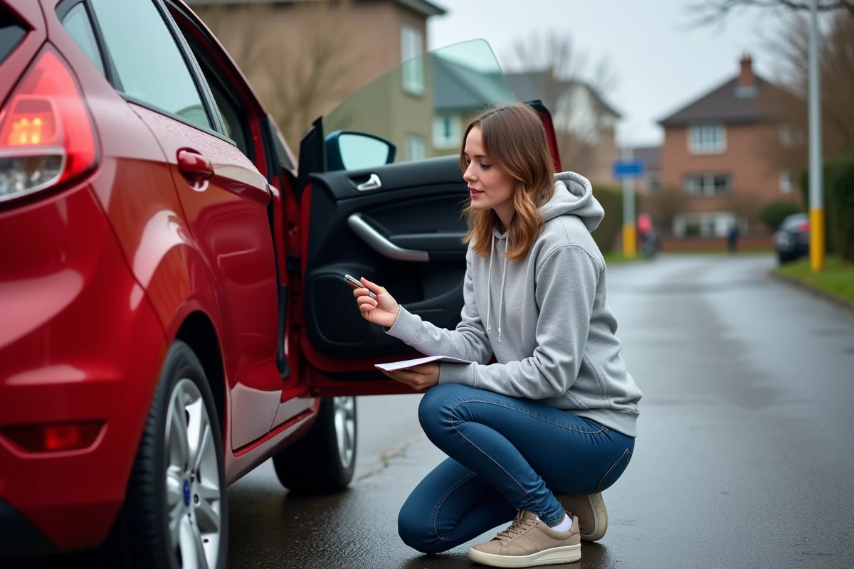 Femme consultant l'étiquette de pression des pneus recommandée sur la portière d'une Ford Fiesta