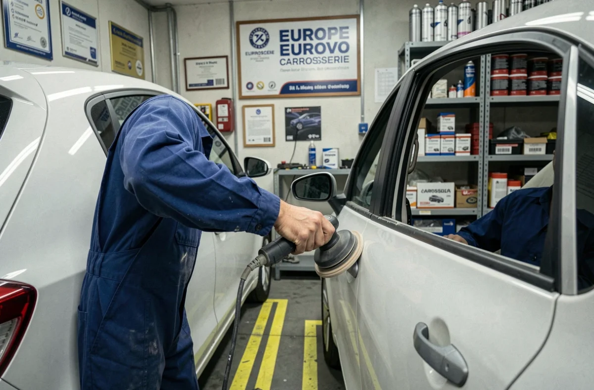 Technicien d'Europe Carrosserie en train de poncer la portière d'un véhicule blanc dans un atelier professionnel du Haut-Rhin