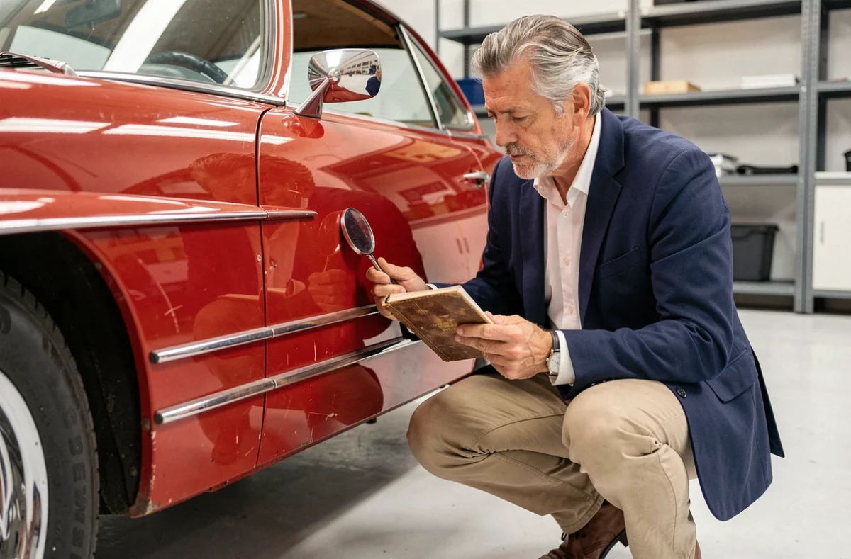 Expert en estimation automobile inspectant la carrosserie d'une Mercedes 300 SL rouge dans un garage professionnel