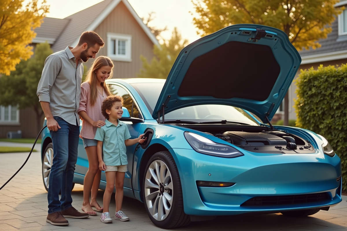 Famille chargeant leur voiture électrique dans leur allée