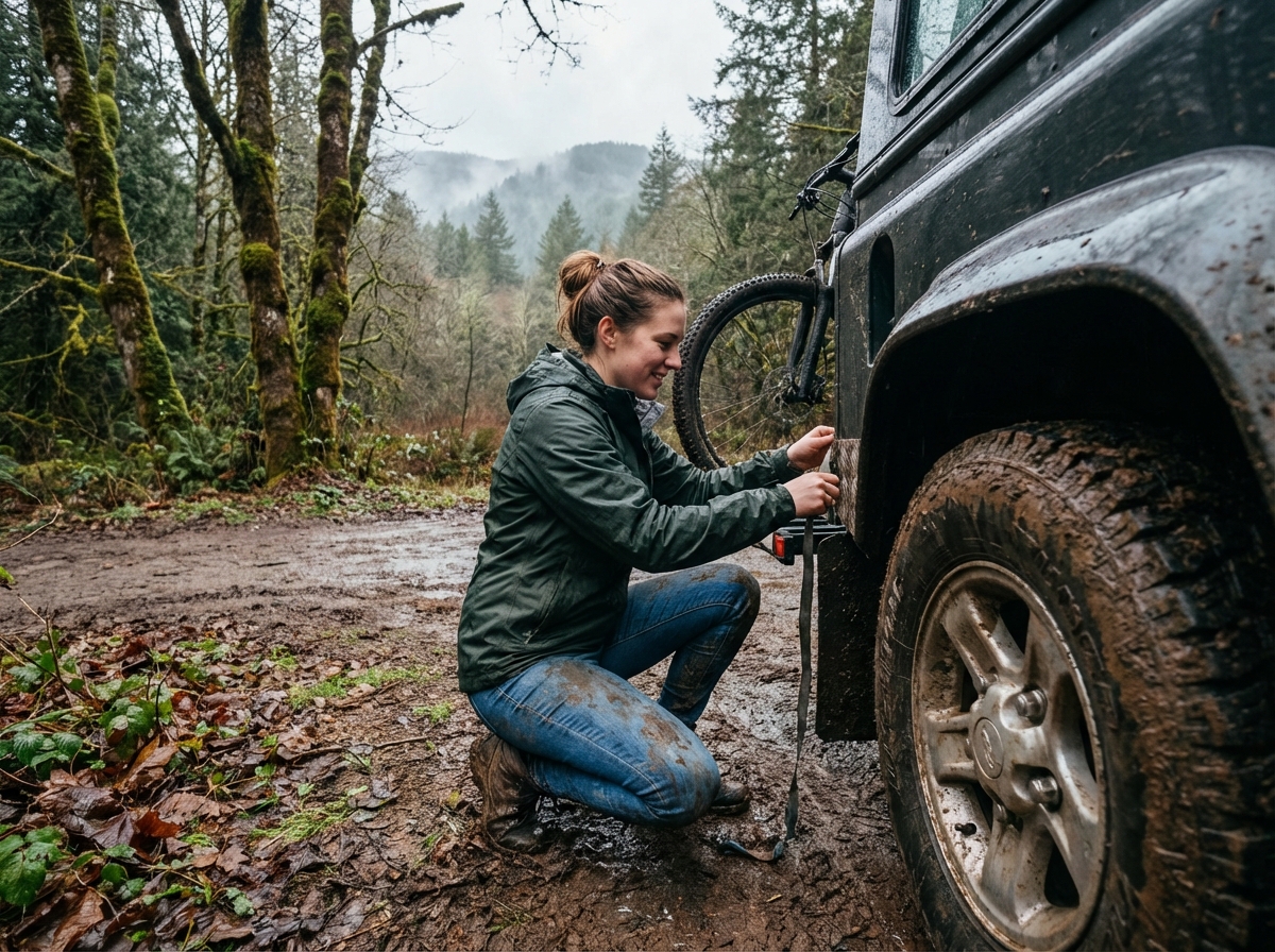 Jeune femme attachant un vélo sur un 4x4 en forêt