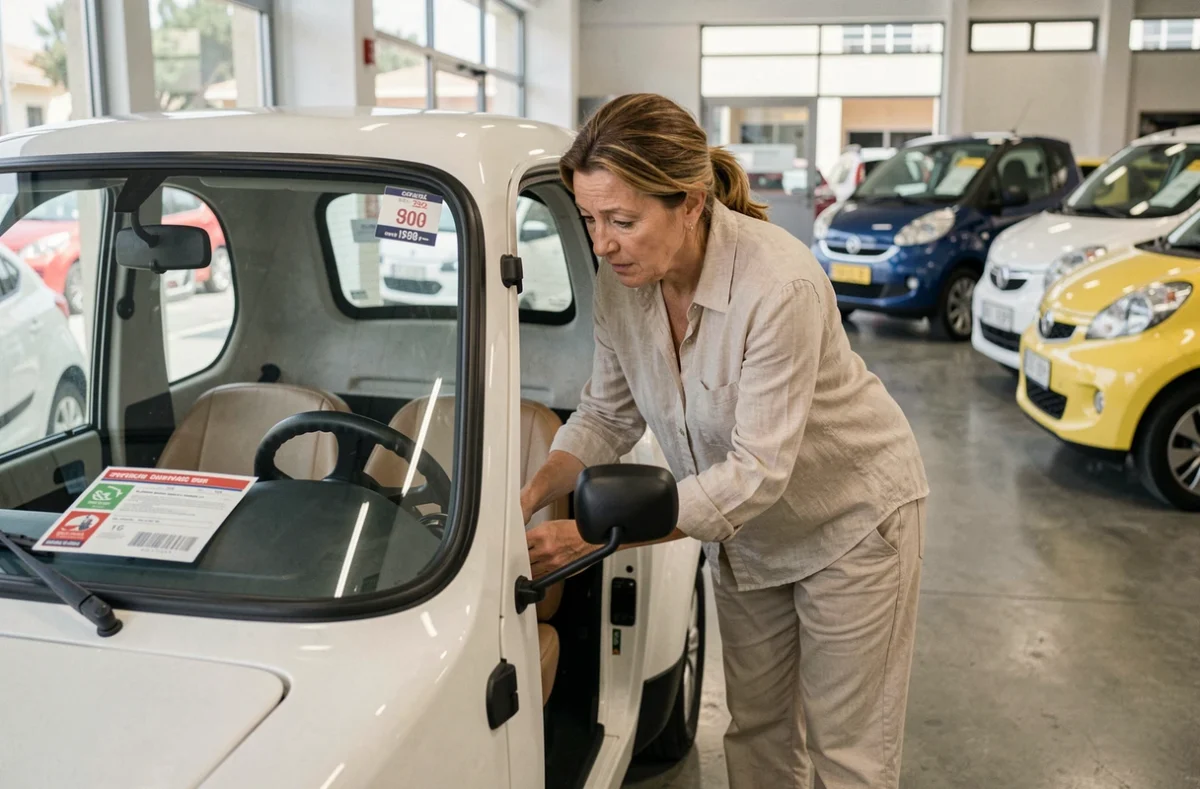 Femme examinant une voiture sans permis d'occasion dans un showroom de concession automobile à Nice
