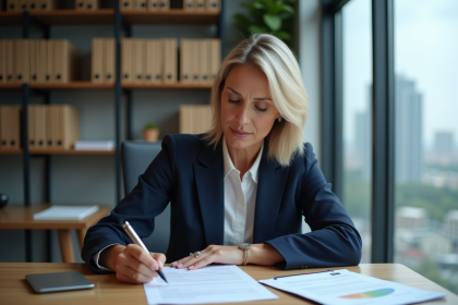 Femme d'affaires en costume dans un bureau moderne