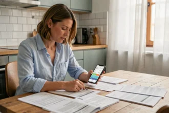 Femme consultant des documents d'assurance auto et comparant les paiements mensuels sur smartphone dans une cuisine moderne