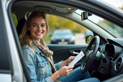 Femme souriante en voiture avec brochure d'assurance