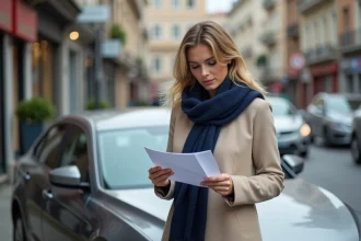 Femme vérifiant ses papiers d'assurance auto en ville