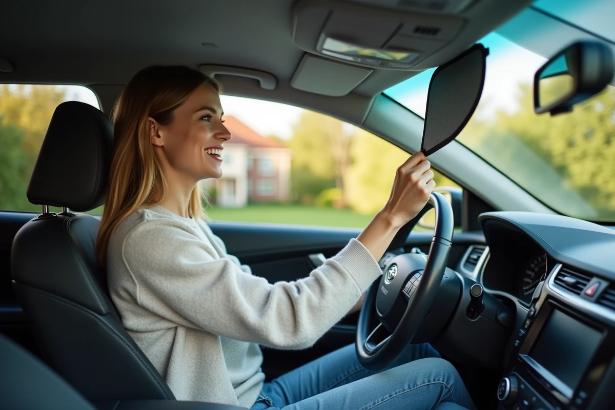 Femme vérifiant un pare-soleil dans sa voiture