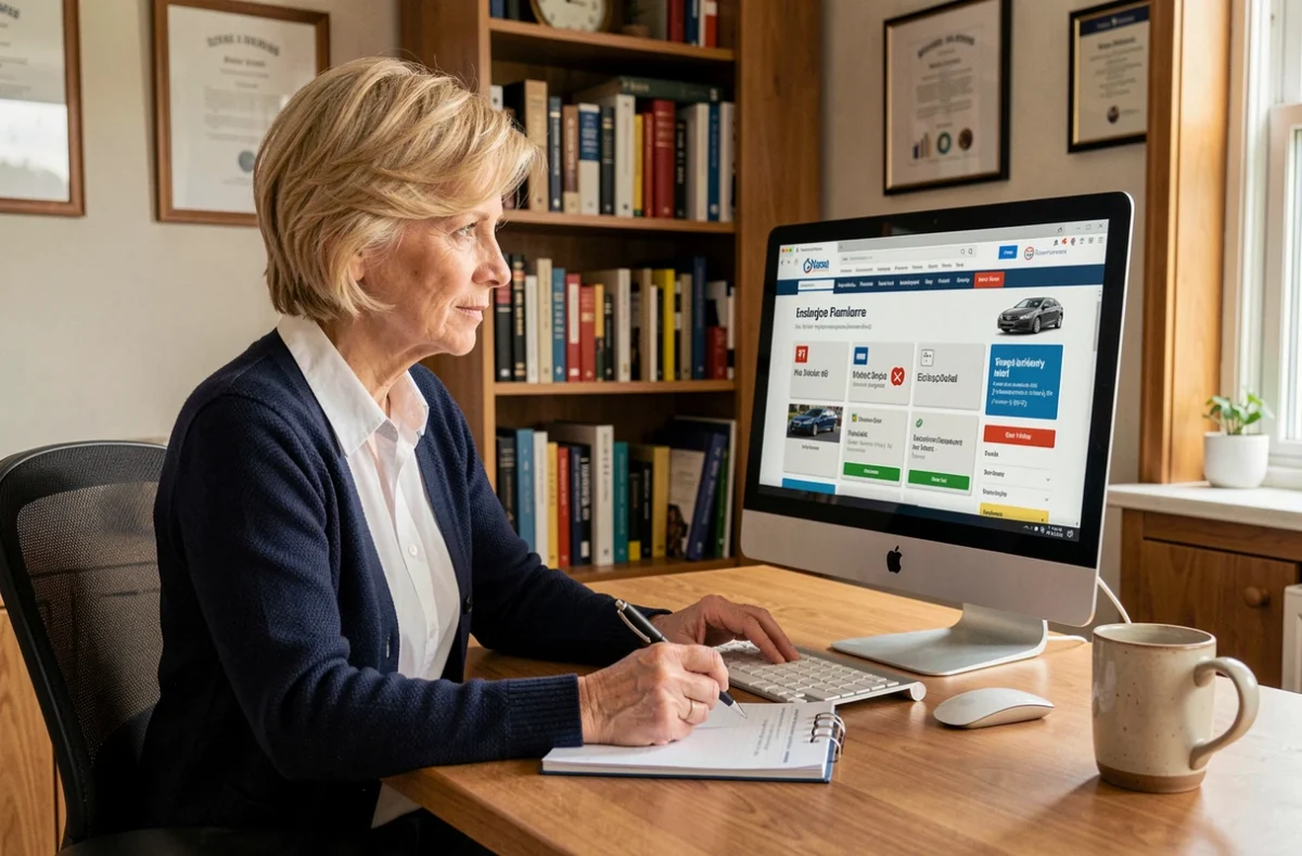 Femme mature comparant des offres d'assurance auto pas chère sur un ordinateur de bureau dans son bureau à domicile