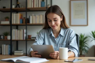 Jeune femme au bureau regardant une tablette avec café
