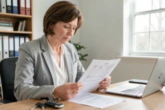 Femme comparant des offres d'assurance auto Carrefour sur un document imprimé à son bureau