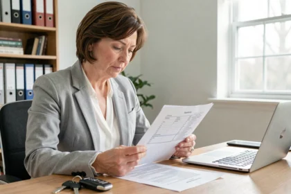 Femme comparant des offres d'assurance auto Carrefour sur un document imprimé à son bureau