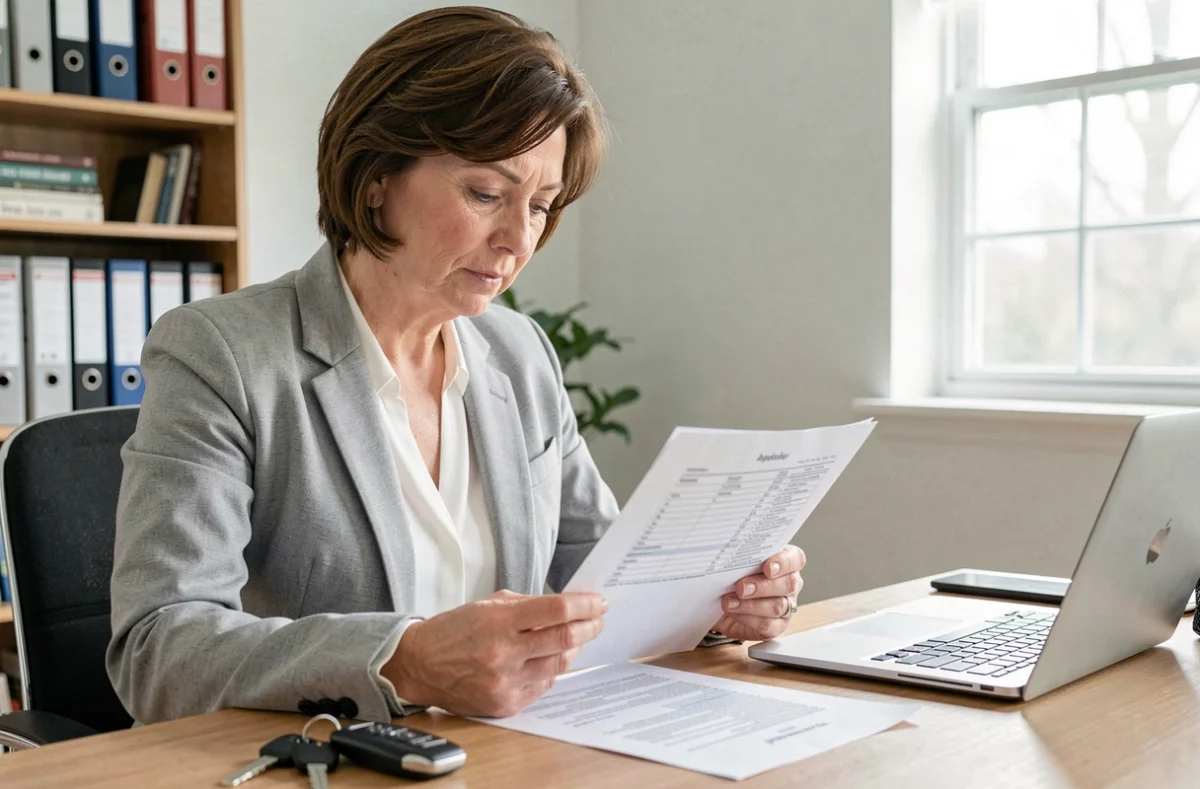 Femme comparant des offres d'assurance auto Carrefour sur un document imprimé à son bureau