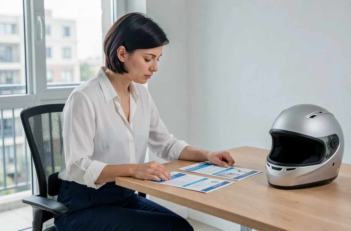 Femme comparant des offres d'assurance scooter tous risques à son bureau avec un casque posé devant elle