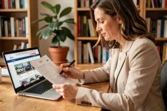 Femme consultant un contrat d'assurance voiture MACSF à son bureau avec un ordinateur portable affichant un comparateur