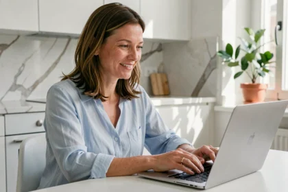 Femme comparant des devis d'assurance auto en ligne depuis son appartement sur un ordinateur portable