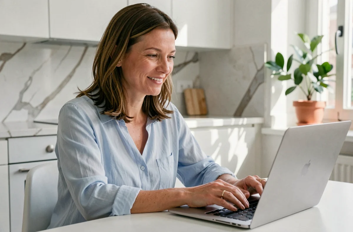 Femme comparant des devis d'assurance auto en ligne depuis son appartement sur un ordinateur portable