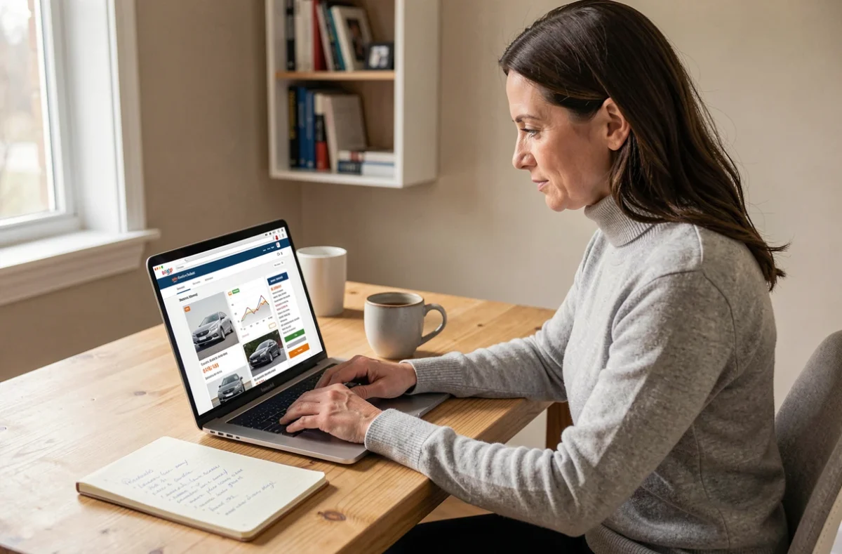 Femme comparant des prix de voitures d'occasion sur un site spécialisé depuis son bureau à domicile avec un ordinateur portable