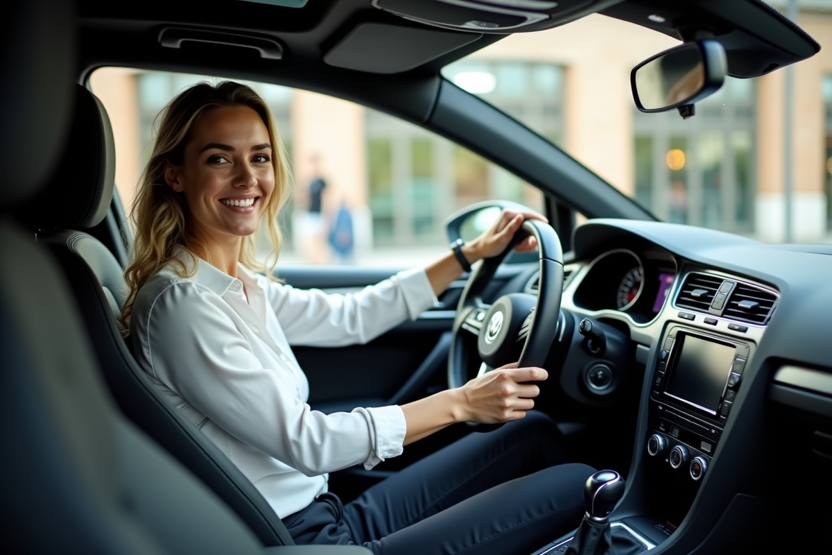 Femme souriante dans l intérieur d une GTI