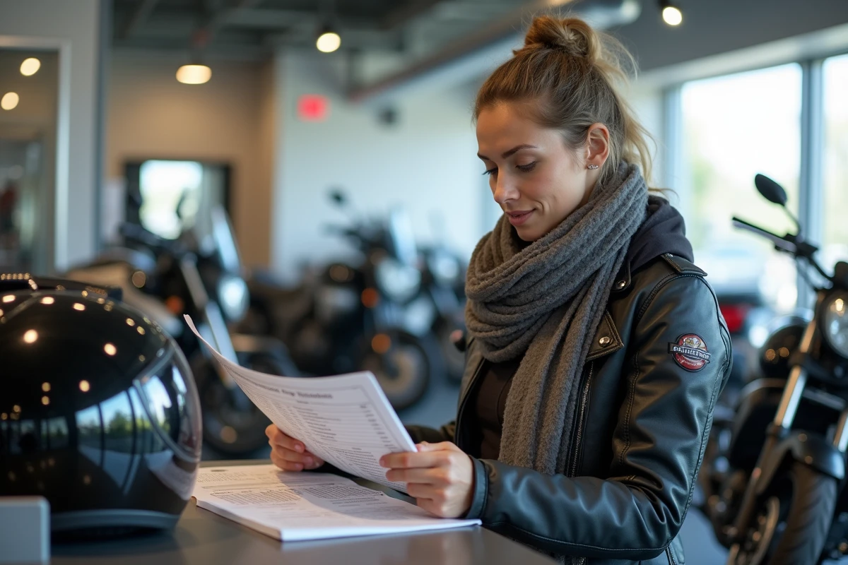 Femme compare fiches techniques de motos