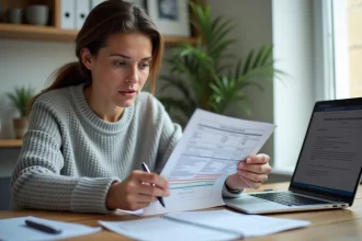 Femme consultant un document de carte grise à son bureau avec un ordinateur portable et des papiers administratifs éparpillés