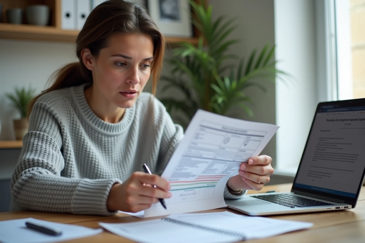 Femme consultant un document de carte grise à son bureau avec un ordinateur portable et des papiers administratifs éparpillés