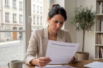 Femme consultant un contrat d'assurance auto à Lyon dans un bureau à domicile