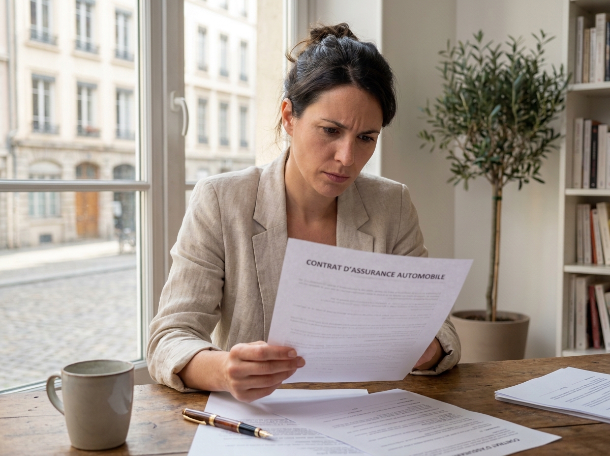 Femme consultant un contrat d'assurance auto à Lyon dans un bureau à domicile