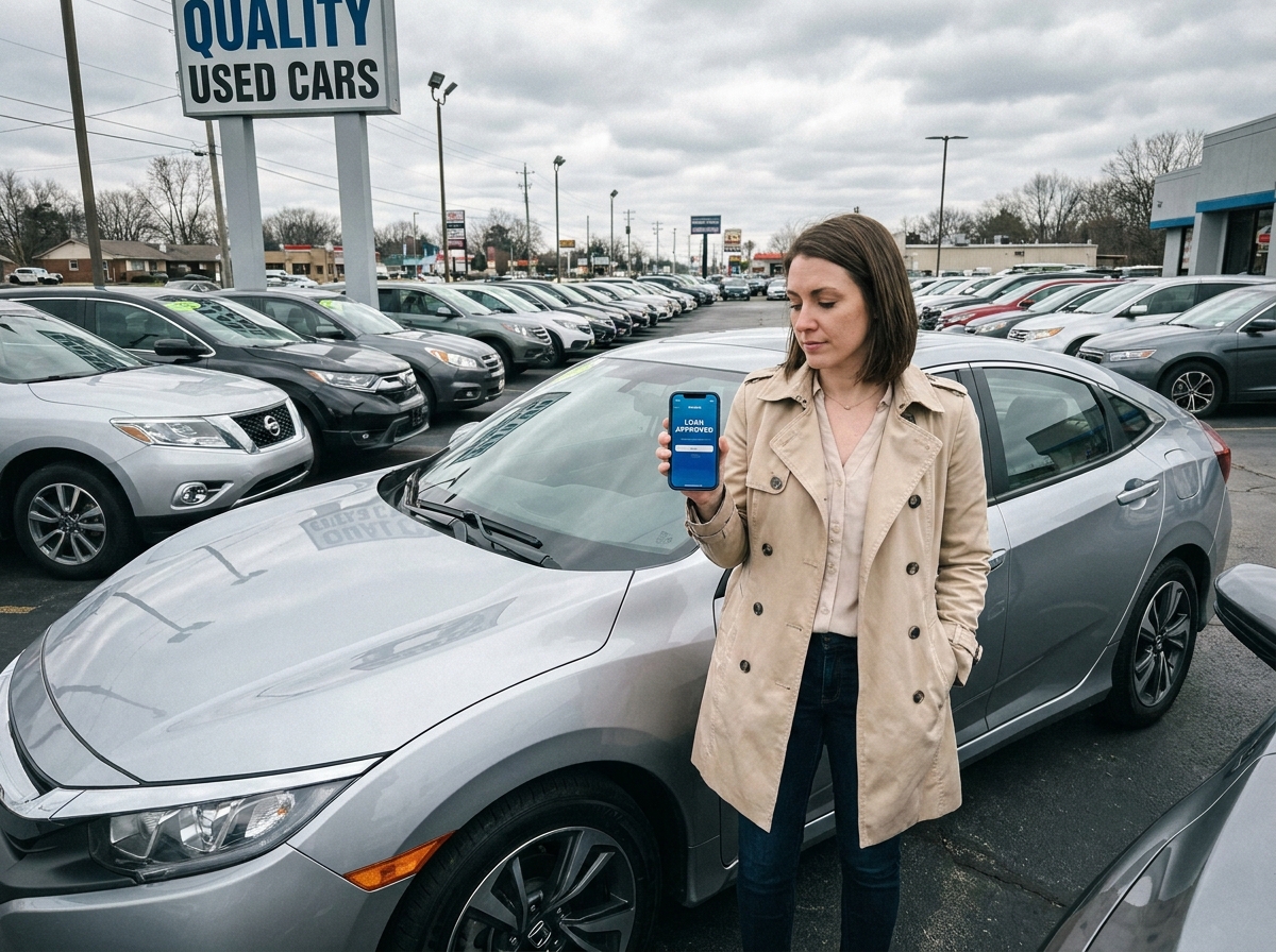 Femme comparant des offres de crédit auto en ligne sur smartphone devant une voiture d'occasion chez un concessionnaire
