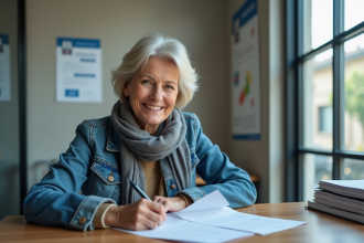 Femme souriante remplissant un formulaire de demande de passeports