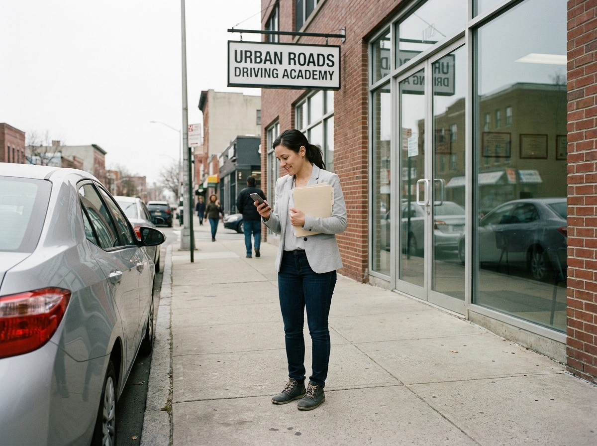 Femme devant une auto-école tenant les documents d'inscription à un stage de récupération de points