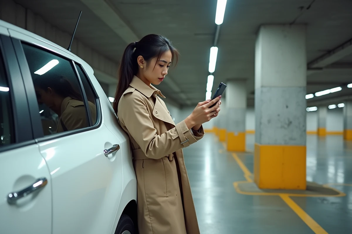Femme photographiant une rayure sur une voiture blanche avec son smartphone dans un parking couvert