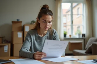 Femme consultant des documents administratifs après un déménagement, entourée de cartons dans son appartement